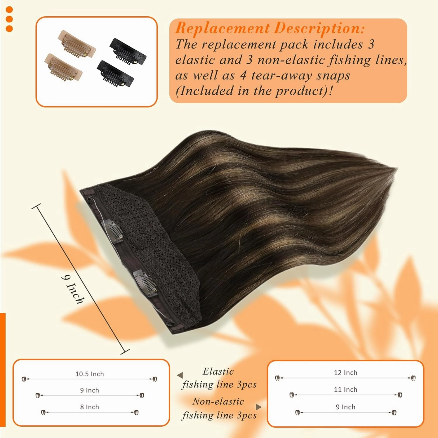 Fshine Invisible Wire Hair Extensions Real Human Hair Ombre Wire Human Hair Dark Brown to Brown Mix Ash Brown Secret Hairpiece Hair Extensions Clip ins Adjustable Fishing Line 20 Inch 80G