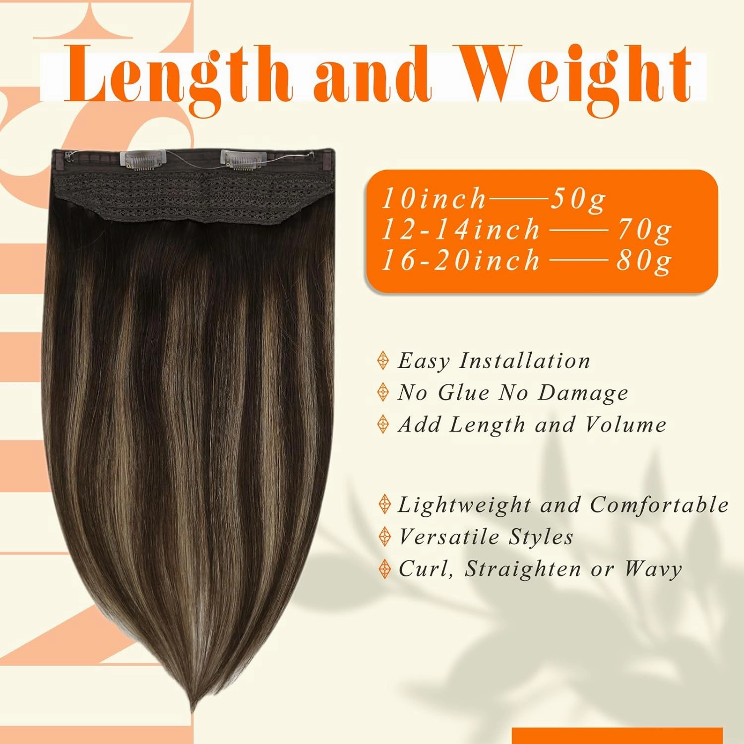 Fshine Invisible Wire Hair Extensions Remy Human Hair Dark Brown Mix Ash Brown 12 Inch One Piece Clip in Hair Extensions Transparent Fish Line Ombre Layered Hairpiece 70G