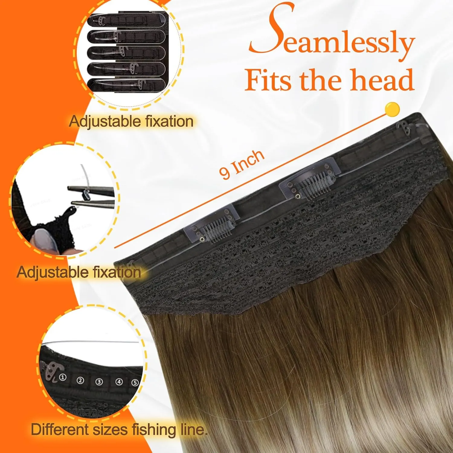 Full Shine Invisible Wire Hair Extensions Real Human Hair Balayage Ombre Wire Hair Extensions 3/8/22 Dark Root Secret Extensions Fishing Line Extensions for Women 80 Grams 16 Inches