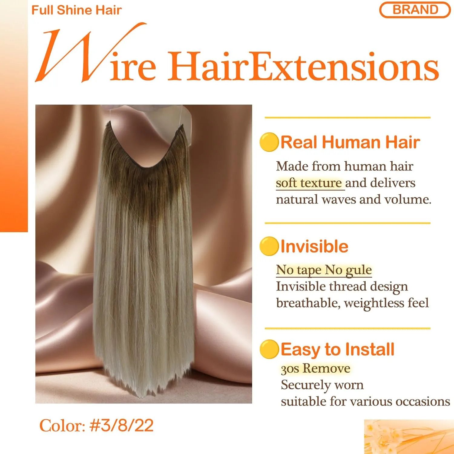 Full Shine Invisible Wire Hair Extensions Real Human Hair Balayage Ombre Wire Hair Extensions 3/8/22 Dark Root Secret Extensions Fishing Line Extensions for Women 80 Grams 16 Inches