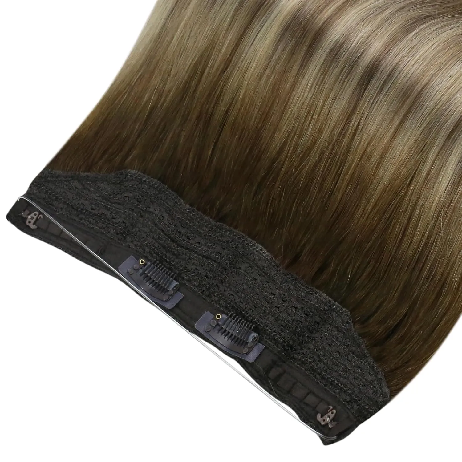 Full Shine Invisible Wire Hair Extensions Real Human Hair Balayage Ombre Wire Hair Extensions 3/8/22 Dark Root Secret Extensions Fishing Line Extensions for Women 80 Grams 16 Inches