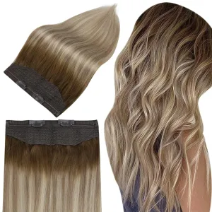 Full Shine Invisible Wire Hair Extensions Real Human Hair Balayage Ombre Wire Hair Extensions 3/8/22 Dark Root Secret Extensions Fishing Line Extensions for Women 80 Grams 16 Inches