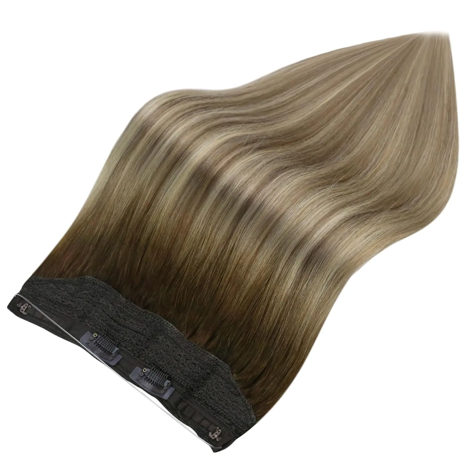 Full Shine Invisible Wire Hair Extensions Real Human Hair Balayage Ombre Wire Hair Extensions 3/8/22 Dark Root Secret Extensions Fishing Line Extensions for Women 80 Grams 16 Inches