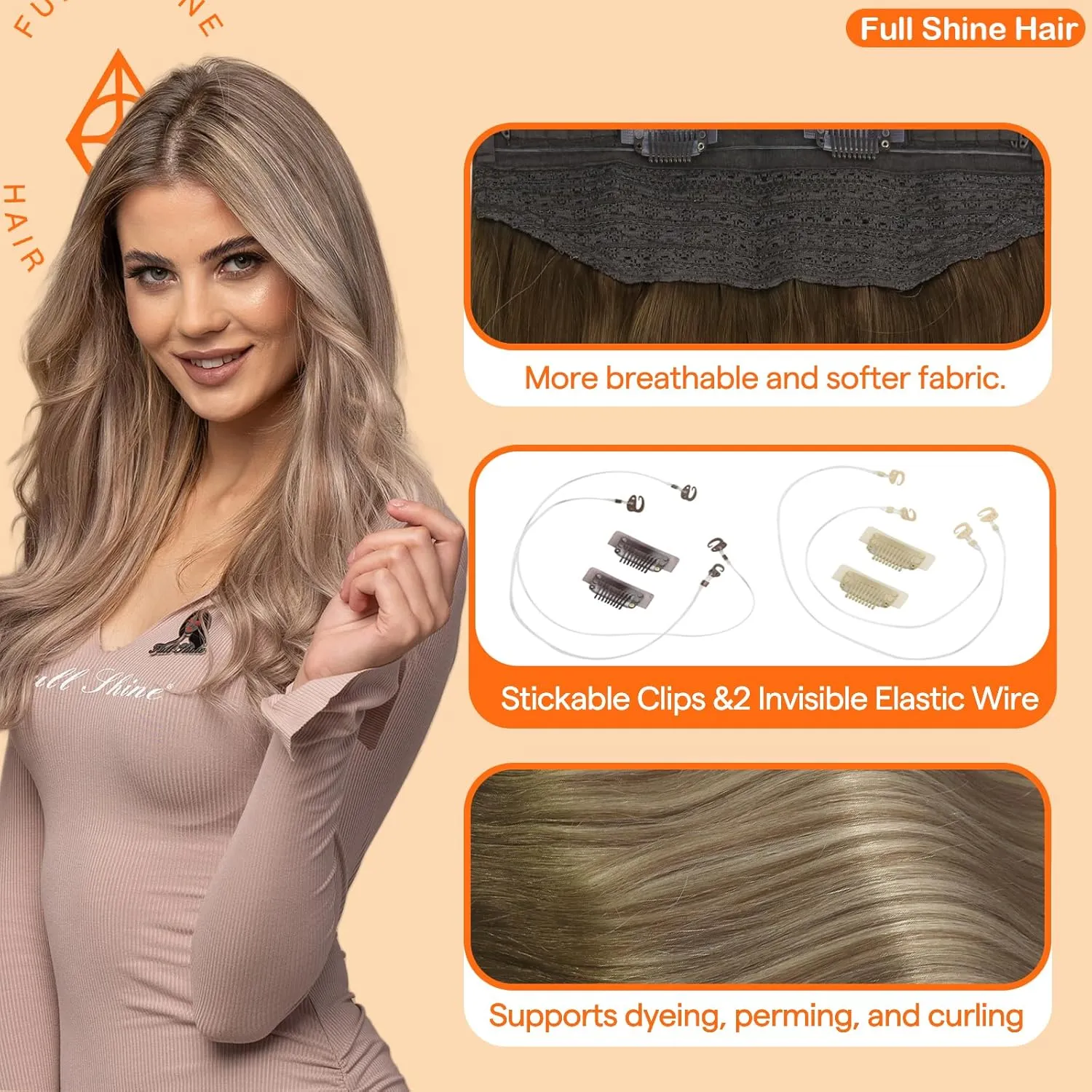 Full Shine Invisible Wire Hair Extensions Real Human Hair Balayage Ombre Wire Hair Extensions 3/8/22 Dark Root Secret Extensions Fishing Line Extensions for Women 80 Grams 16 Inches