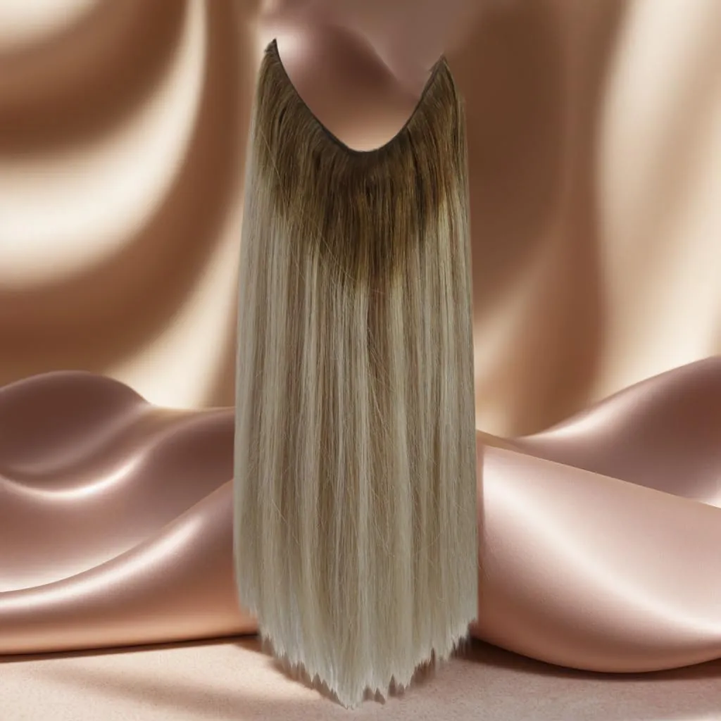 Full Shine Invisible Wire Hair Extensions Real Human Hair Balayage Ombre Wire Hair Extensions 3/8/22 Dark Root Secret Extensions Fishing Line Extensions for Women 80 Grams 16 Inches