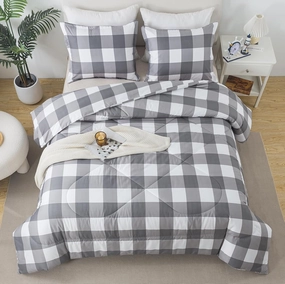 Full Size Plaid Comforter Set, White Gray Buffalo Check Plaid Comforter Bedding Set for All Seasons, Classic Gingham Pattern Print Soft Microfiber 3 Pieces Comforter with Pillowshams