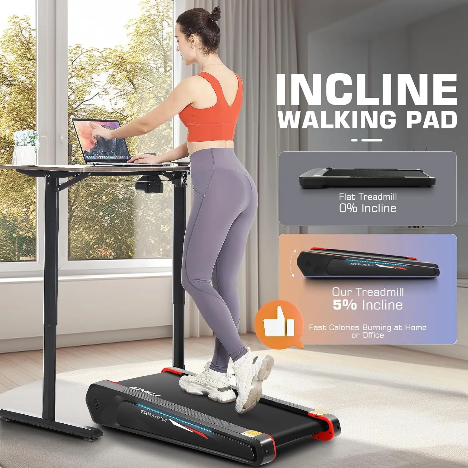 FUNMILY Walking Pad Treadmill with 5% Incline, 2.5HP Smallest Under Desk Treadmill for Home Office, Compact Walking Treadmill 300lbs Weight Capacity/Remote Control/Lighting Design