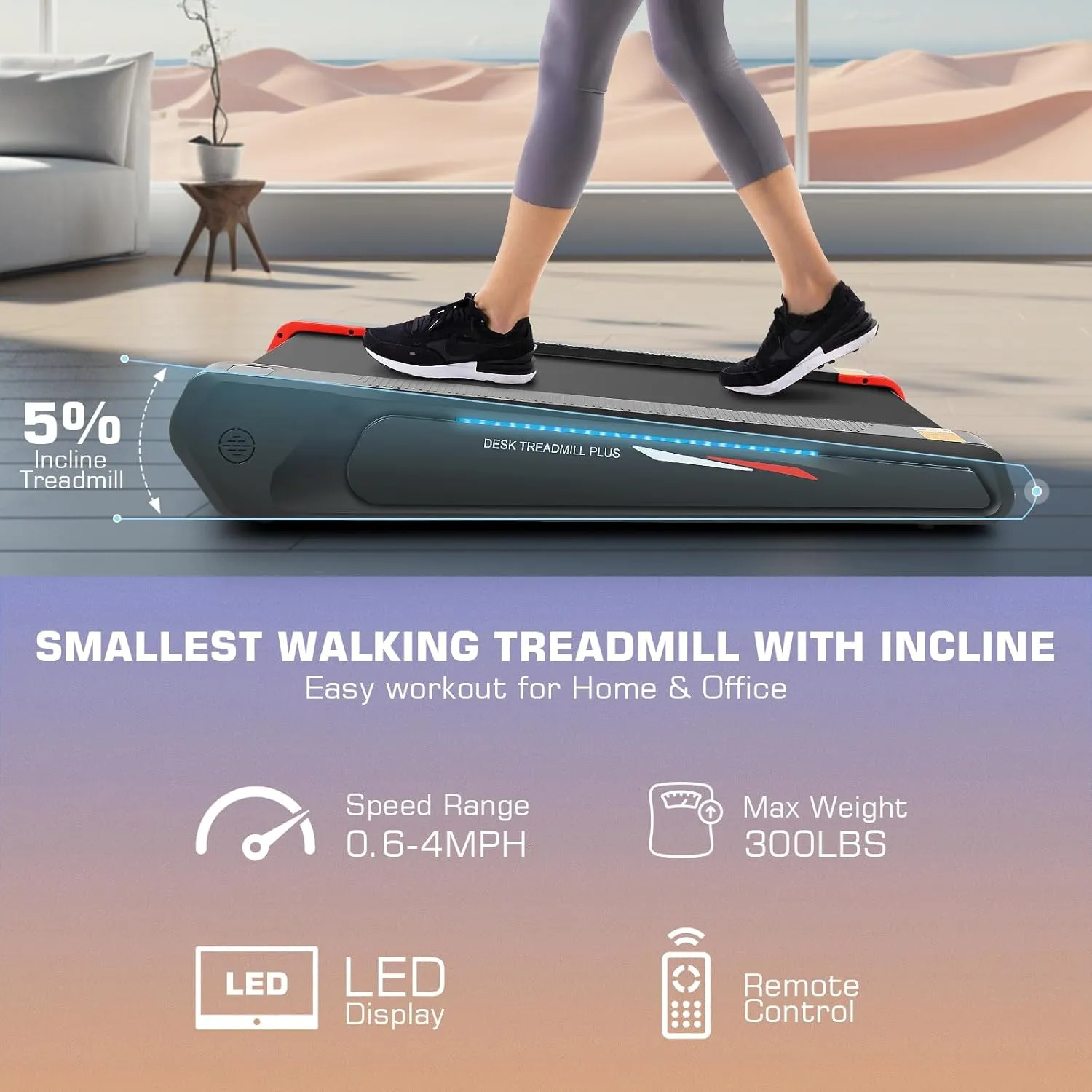 FUNMILY Walking Pad Treadmill with 5% Incline, 2.5HP Smallest Under Desk Treadmill for Home Office, Compact Walking Treadmill 300lbs Weight Capacity/Remote Control/Lighting Design