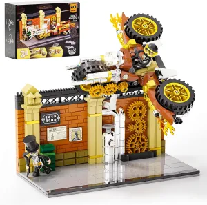 FUNWHOLE Steampunk Motorcycle Chase Lighting Building-Bricks Set - Flying Motorbike Toy 424 Pcs Collection Display Set for Adults and Steampunk Lovers