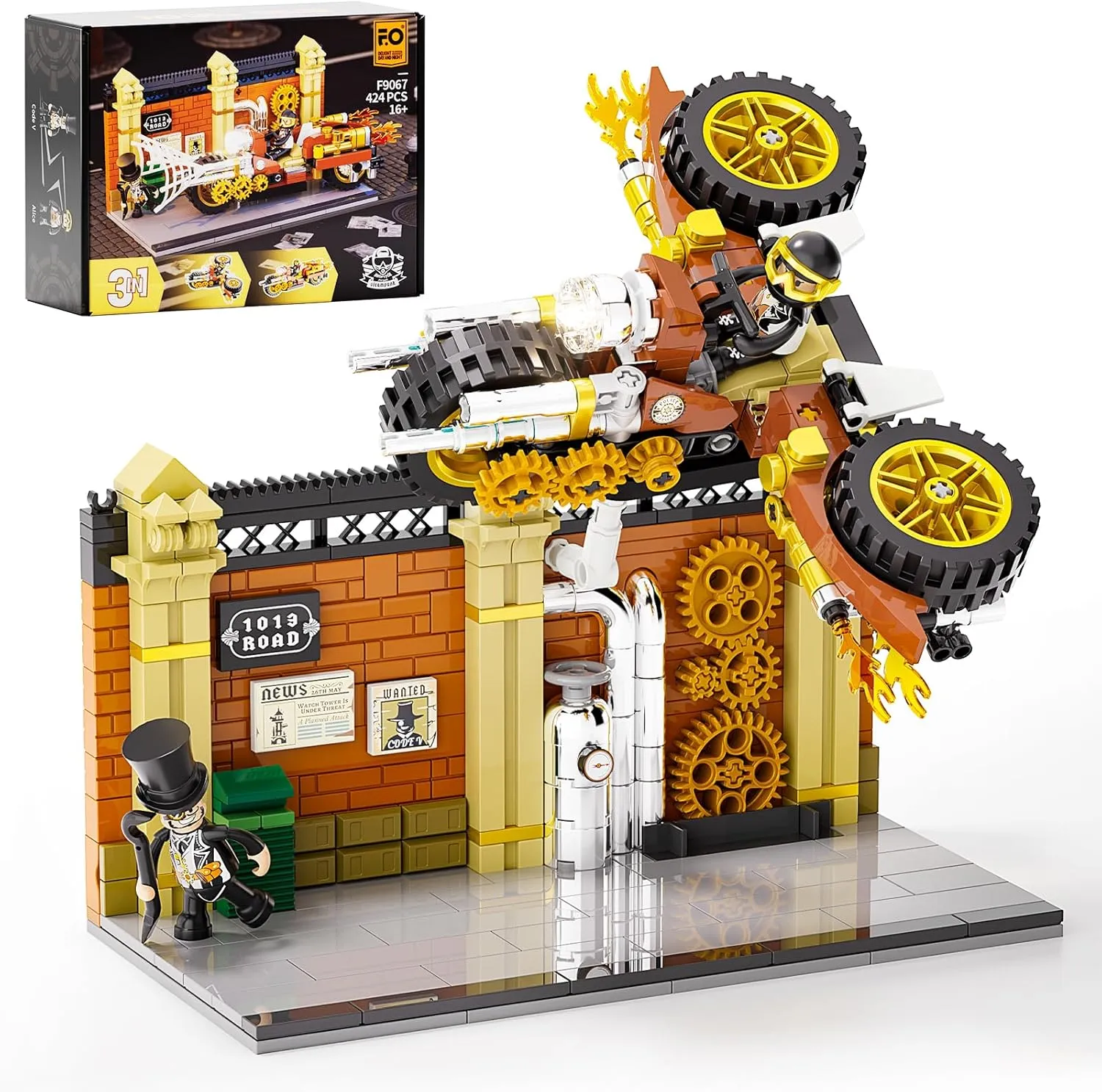 FUNWHOLE Steampunk Motorcycle Chase Lighting Building-Bricks Set - Flying Motorbike Toy 424 Pcs Collection Display Set for Adults and Steampunk Lovers