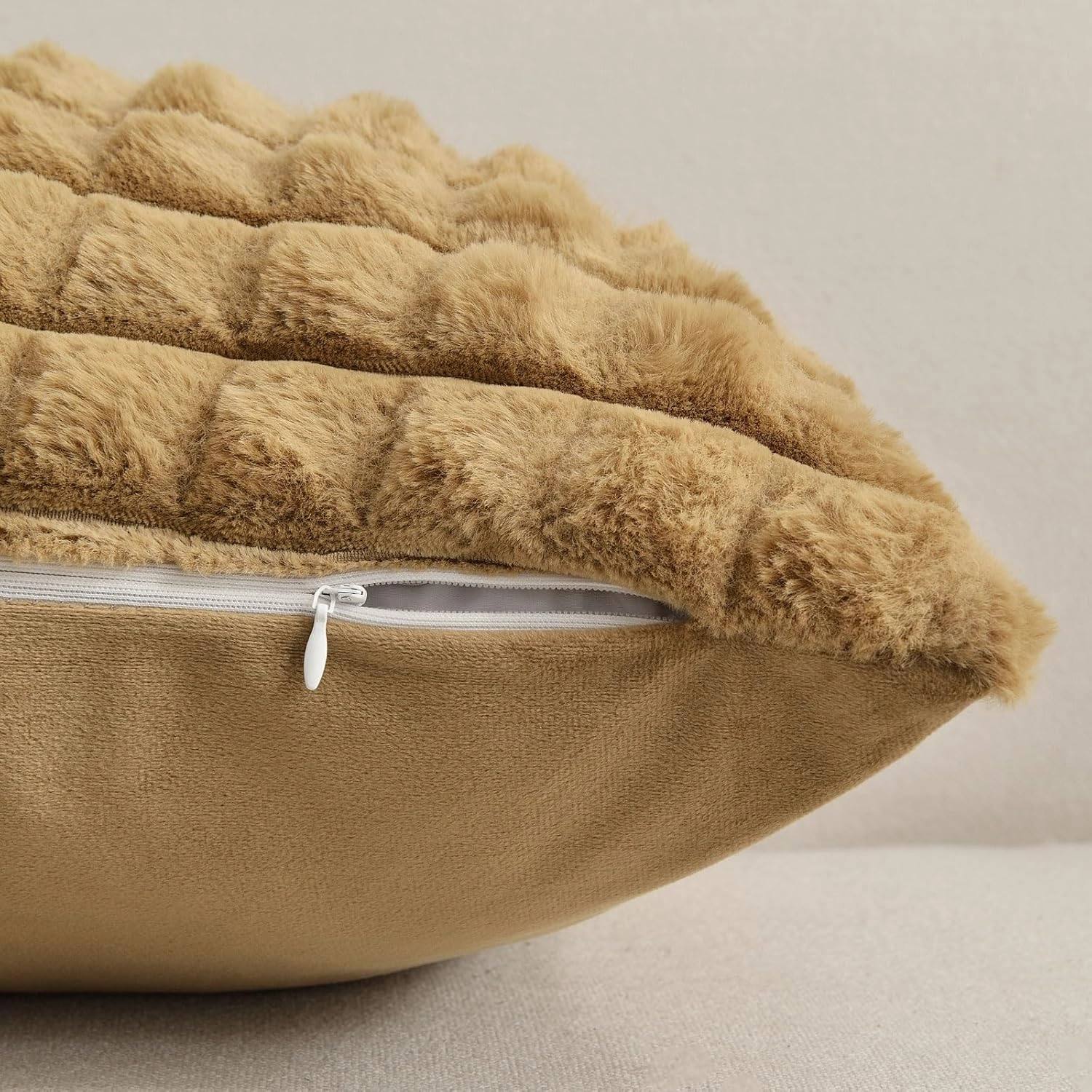 FUTEI Camel Decorative Throw Pillow Covers 18x18 Inch Set of 2,Square Cushion Case,Fluffy Faux Rabbit Fur Plaid & Soft Velvet Back,Modern Home Decor for Couch Bed