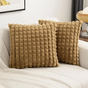 FUTEI Camel Decorative Throw Pillow Covers 18x18 Inch Set of 2,Square Cushion Case,Fluffy Faux Rabbit Fur Plaid & Soft Velvet Back,Modern Home Decor for Couch Bed
