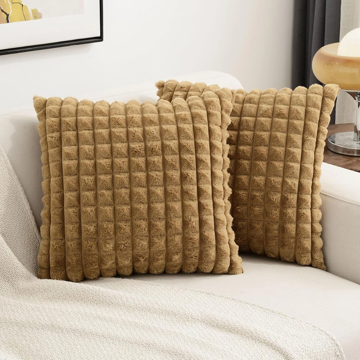 FUTEI Camel Decorative Throw Pillow Covers 18x18 Inch Set of 2,Square Cushion Case,Fluffy Faux Rabbit Fur Plaid & Soft Velvet Back,Modern Home Decor for Couch Bed