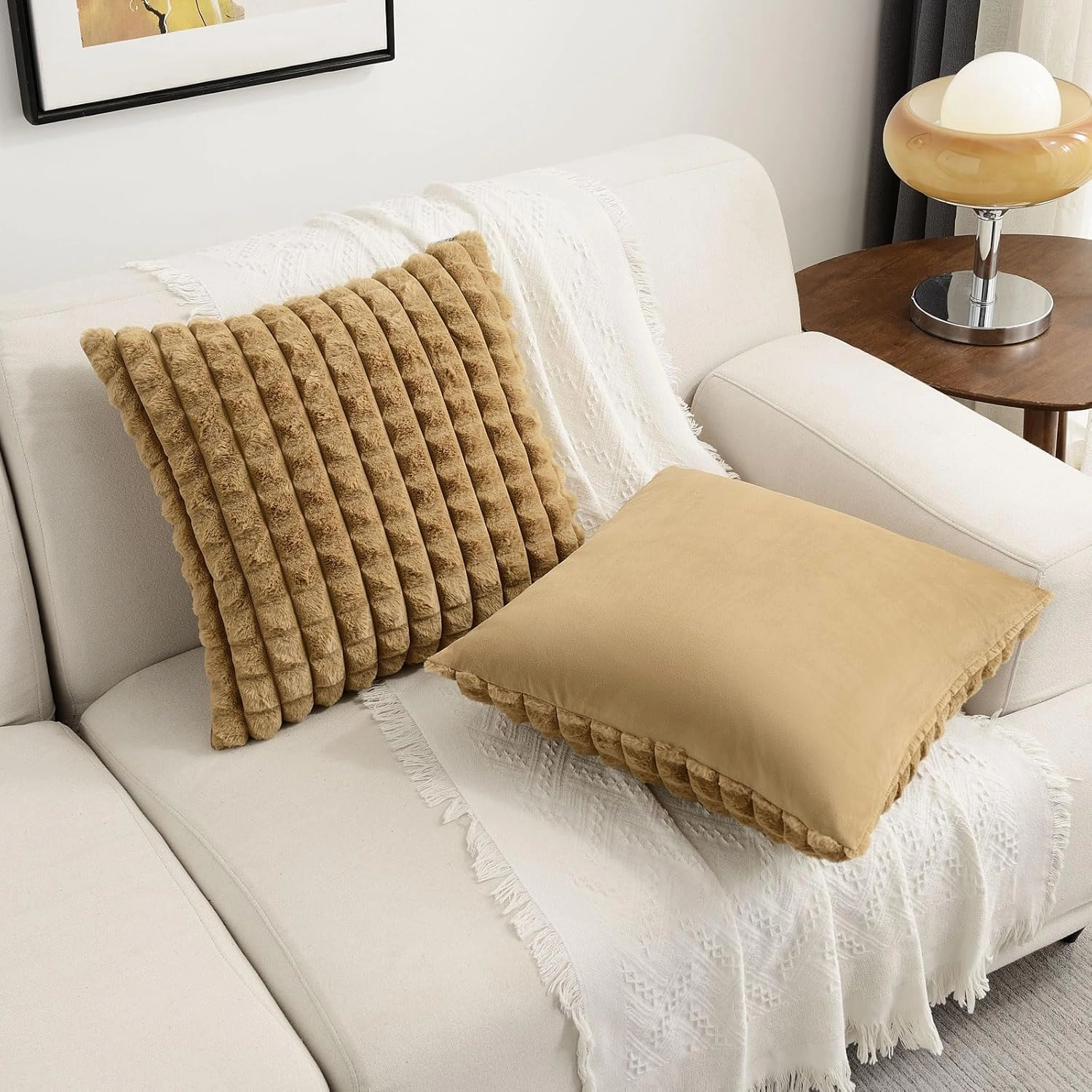 FUTEI Camel Decorative Throw Pillow Covers 18x18 Inch Set of 2,Square Cushion Case,Fluffy Faux Rabbit Fur Plaid & Soft Velvet Back,Modern Home Decor for Couch Bed