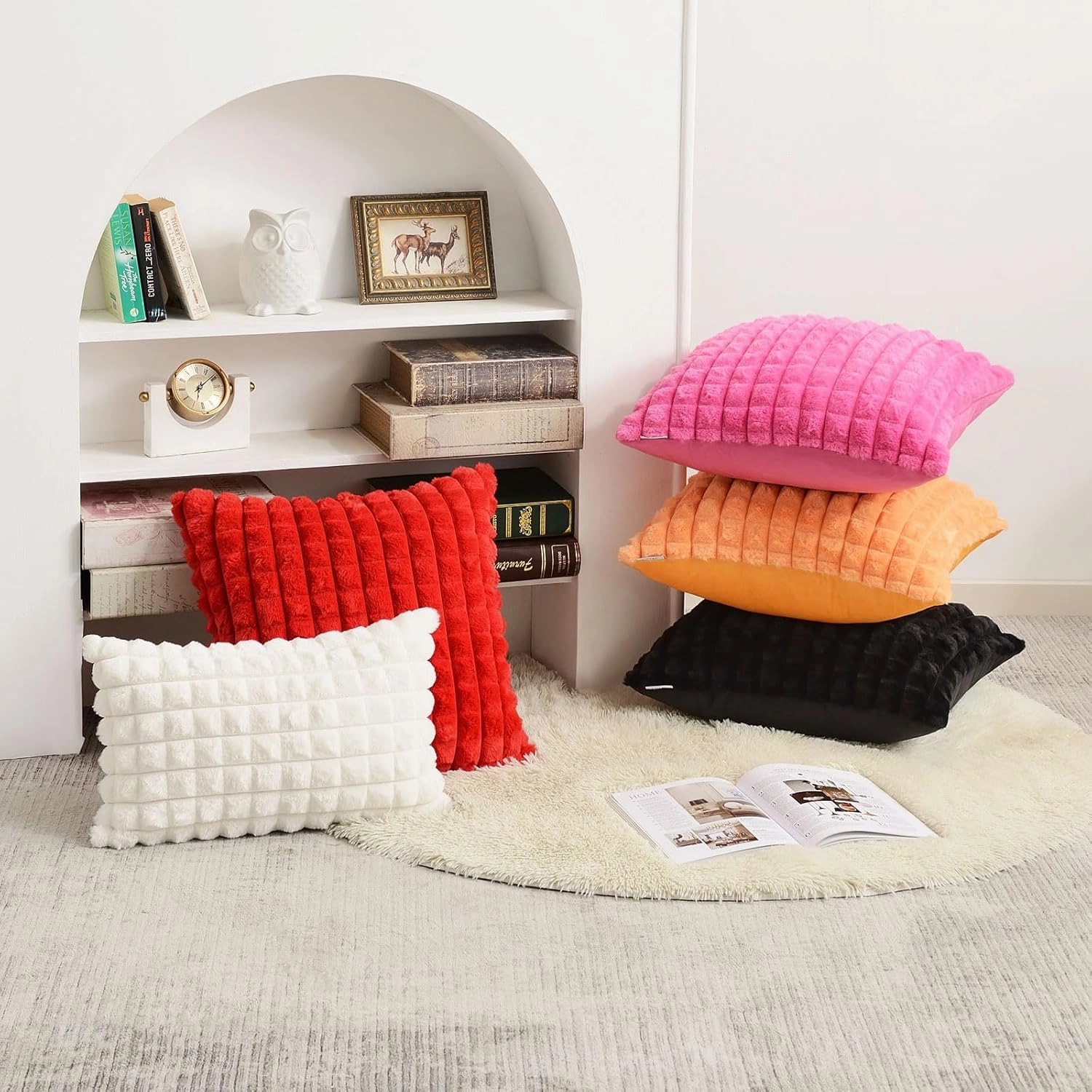FUTEI Camel Decorative Throw Pillow Covers 18x18 Inch Set of 2,Square Cushion Case,Fluffy Faux Rabbit Fur Plaid & Soft Velvet Back,Modern Home Decor for Couch Bed