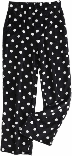 Fuzzy Flannel Pajama Pants for Women Comfy Soft Fluffy Plush Polka Dot Pj Pants High Waisted Wide Leg Lounge Pants