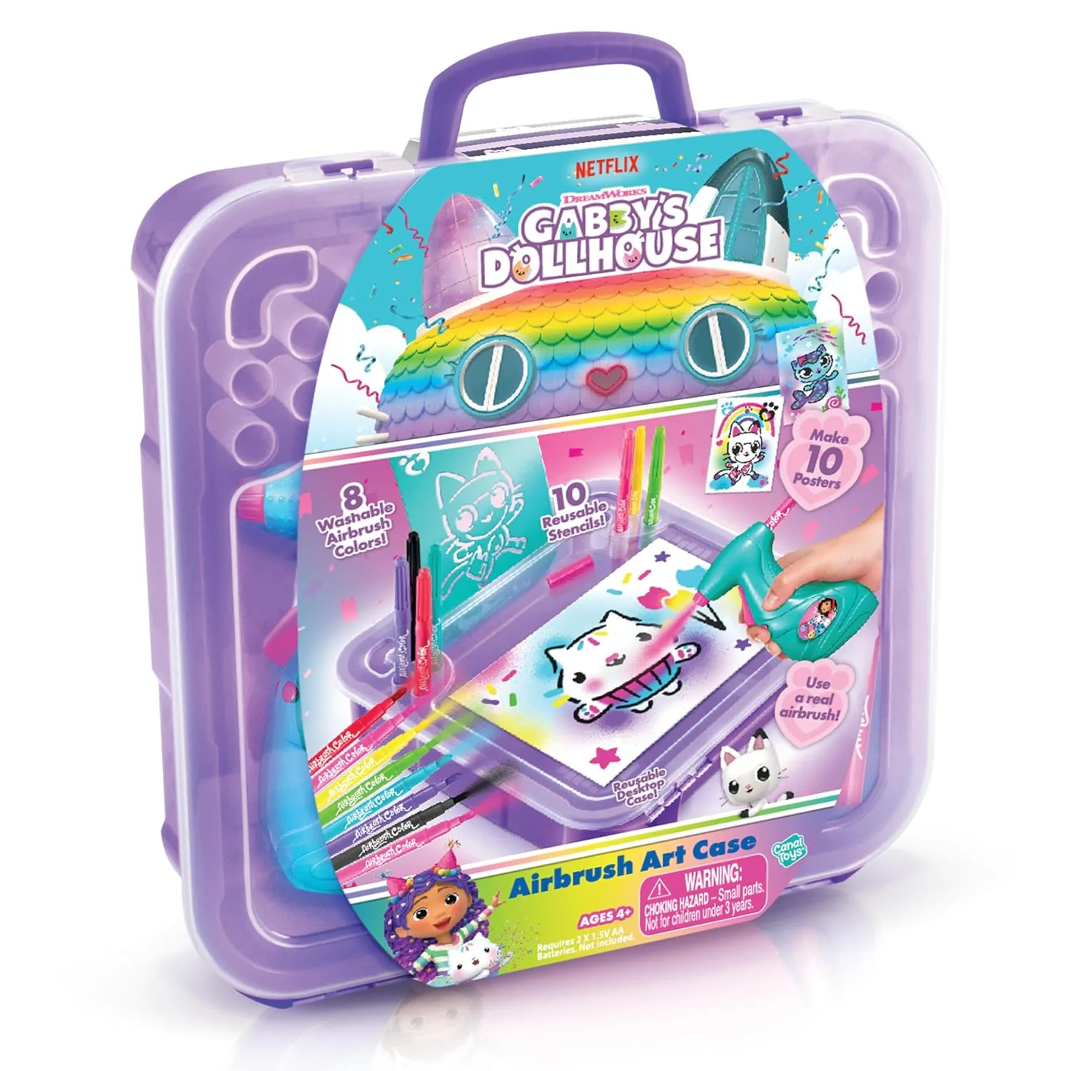 Gabby’s Dollhouse™ Airbrush Art Case! Handled Art case for Storage and Portability! Make Your own Cat-tasic Posters with Stencils and air Brush. Age 4 