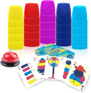 Gamie Stacking Cups Game- with 54 Challenges, 20 Stacking Cups, Bell and Instruction Sheet- Educational Color and Shape Matching Game- Classic Quick Stacks Set for Boys, Girls, Teens, Adults