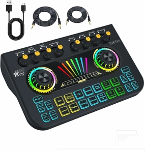 Gaming Audio Mixer Sound Board Mixer w USB Audio Interface Voice Changer, All-in-One Podcast Live Sound Card for Streaming w Soundboard Customizable Soundpads for PC Smartphone Recording Broadcasting