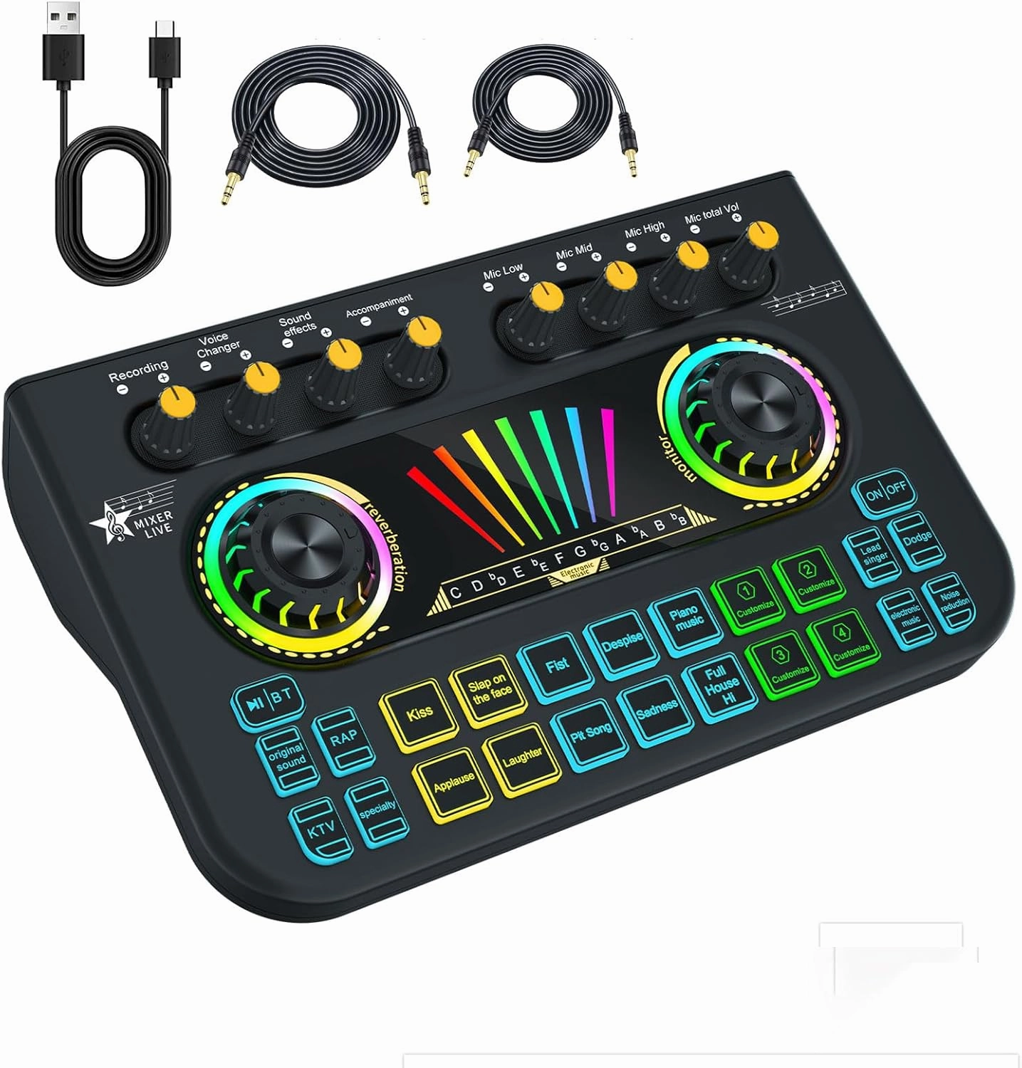 Gaming Audio Mixer Sound Board Mixer w USB Audio Interface Voice Changer, All-in-One Podcast Live Sound Card for Streaming w Soundboard Customizable Soundpads for PC Smartphone Recording Broadcasting