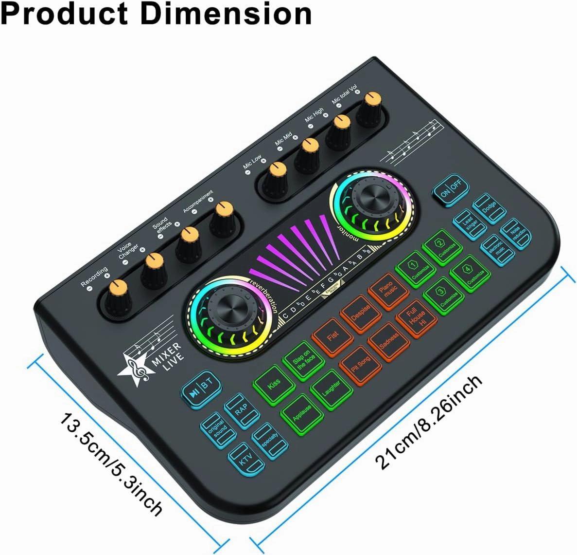 Gaming Audio Mixer Sound Board Mixer w USB Audio Interface Voice Changer, All-in-One Podcast Live Sound Card for Streaming w Soundboard Customizable Soundpads for PC Smartphone Recording Broadcasting
