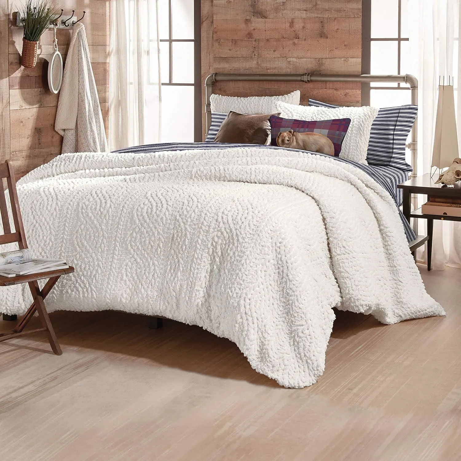 G.H. Bass Plush Sherpa Cable Knit Fluffy Soft Solid Pinsonic Cozy Comforter Set, King, Ivory