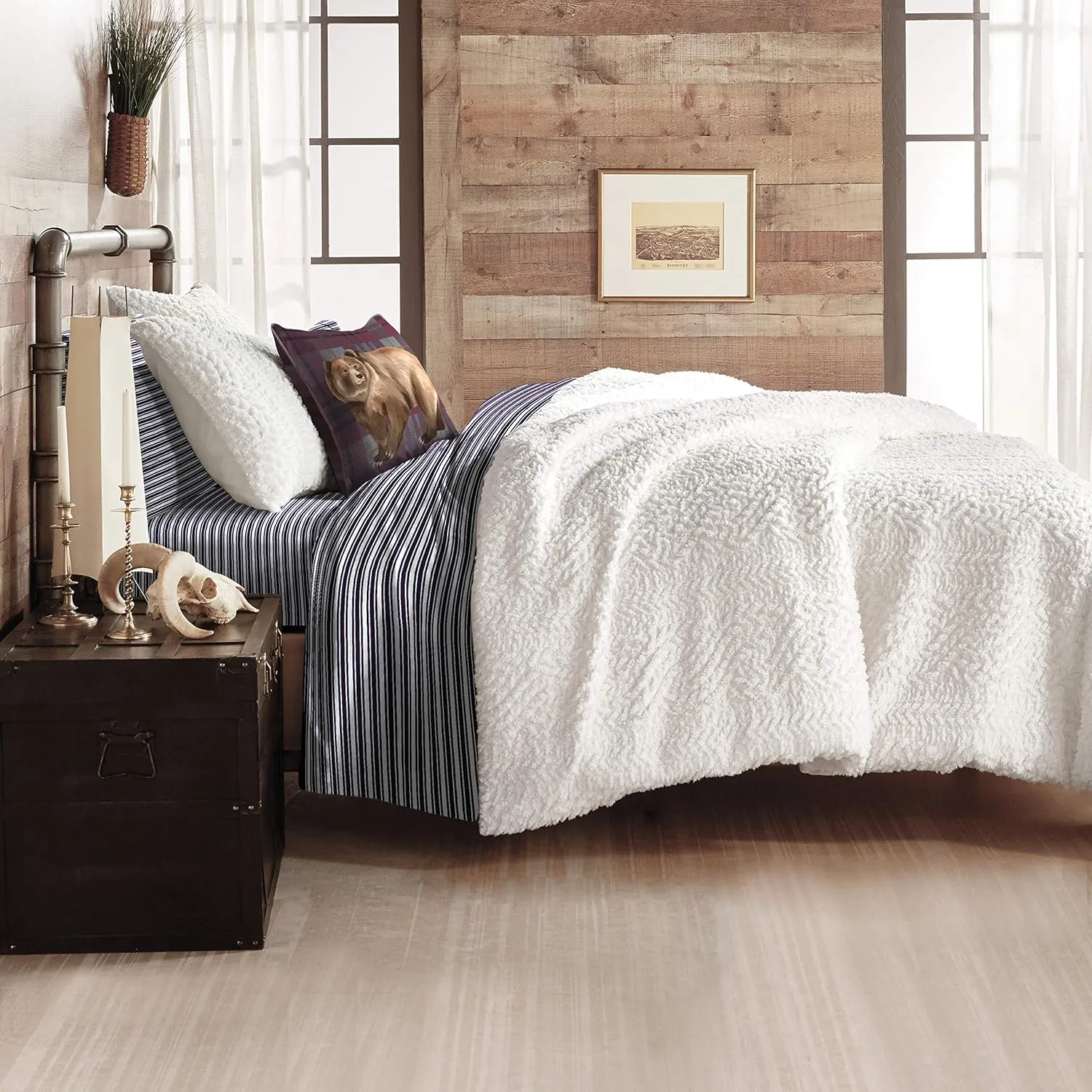 G.H. Bass Plush Sherpa Cable Knit Fluffy Soft Solid Pinsonic Cozy Comforter Set, King, Ivory