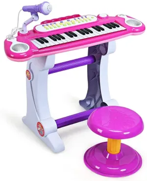 GLACER 37-Key Kids Piano Keyboard, Electronic Musical Instrument Educational Toy Electronic Organ with Detachable Microphone, Stool, Record and Playback, Lights, Adjustable Volume (Pink)
