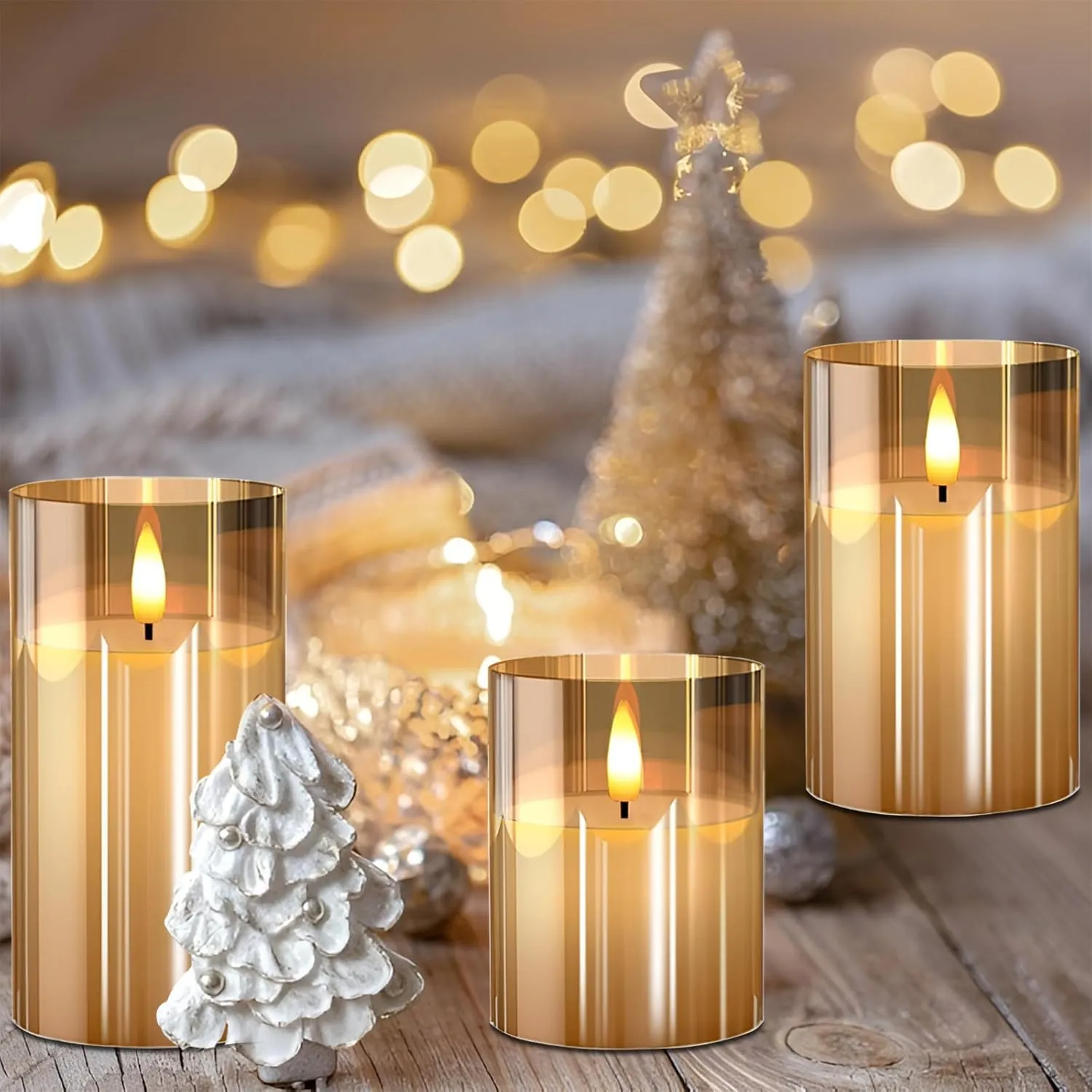 Glass Flameless Candles with Remote and Timer, Battery Operated Candles, LED Pillar Candles, Electric Fake Candles, Real Wax Set of 3, Christmas Home Wedding Birthday Decor(Gold)