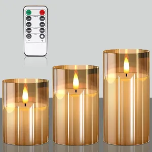 Glass Flameless Candles with Remote and Timer, Battery Operated Candles, LED Pillar Candles, Electric Fake Candles, Real Wax Set of 3, Christmas Home Wedding Birthday Decor(Gold)
