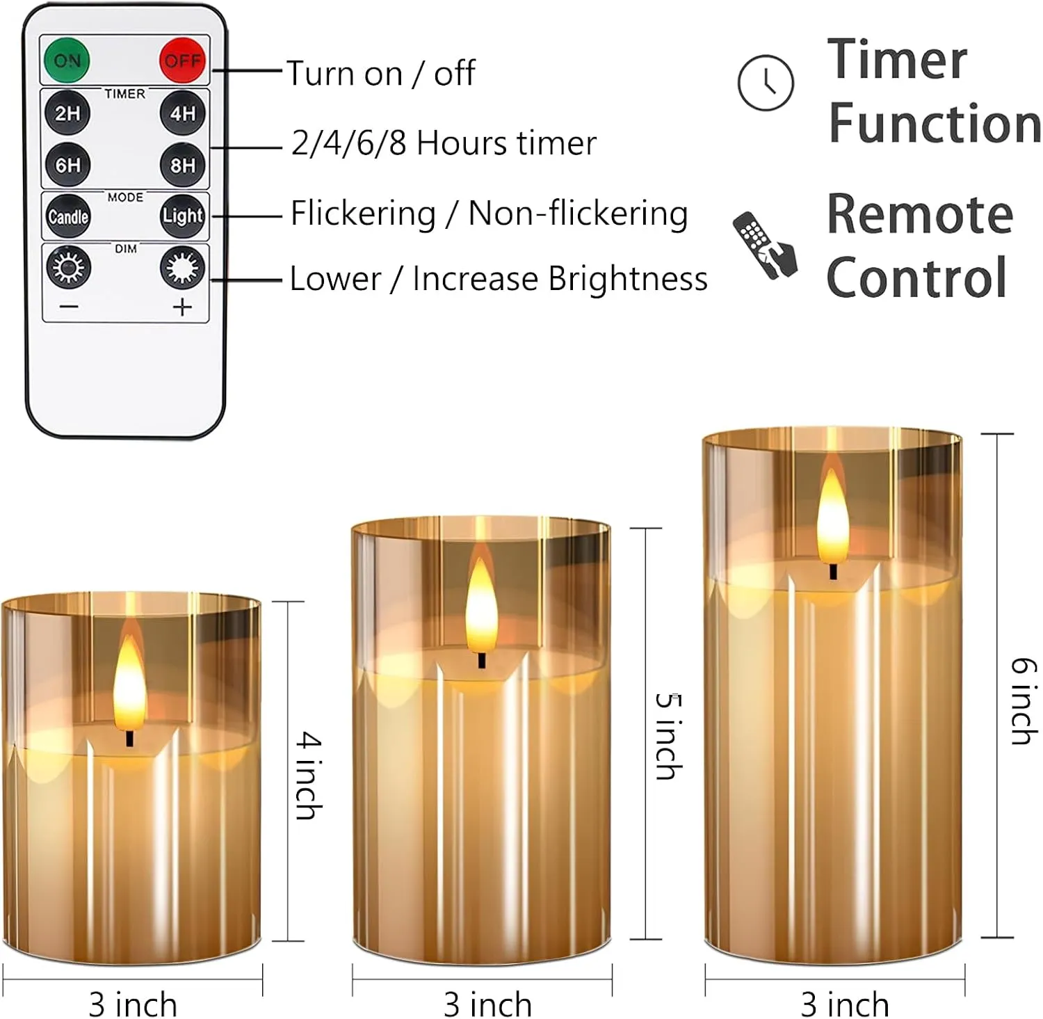 Glass Flameless Candles with Remote and Timer, Battery Operated Candles, LED Pillar Candles, Electric Fake Candles, Real Wax Set of 3, Christmas Home Wedding Birthday Decor(Gold)