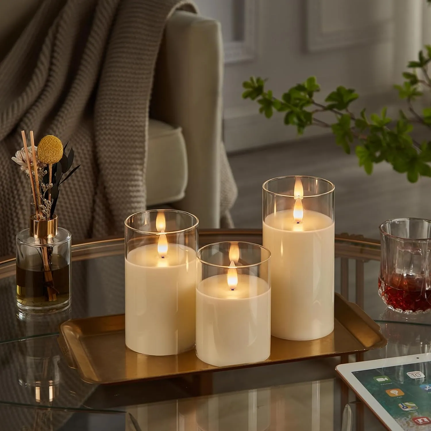 Glass Flameless Pillar Candles Flickering with Remote Timer, Battery Operated LED 3D Moving Flame Real Wax Candles, Set of 3, D3 x H4, 5", 6",Remote Included (Ivorywhite)