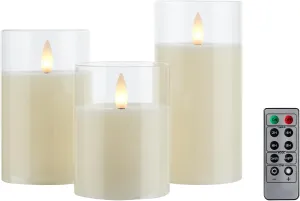 Glass Flameless Pillar Candles Flickering with Remote Timer, Battery Operated LED 3D Moving Flame Real Wax Candles, Set of 3, D3 x H4, 5", 6",Remote Included (Ivorywhite)