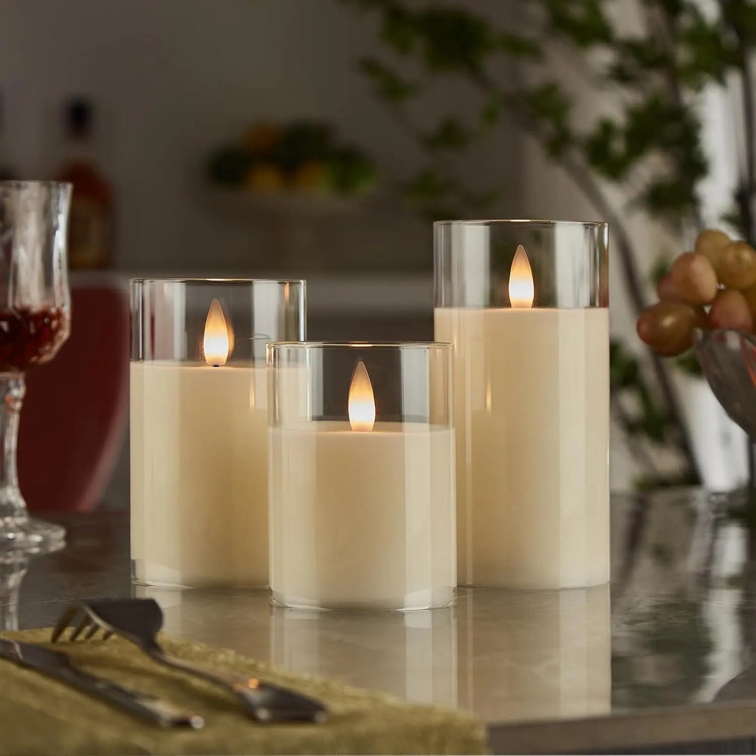 Glass Flameless Pillar Candles Flickering with Remote Timer, Battery Operated LED 3D Moving Flame Real Wax Candles, Set of 3, D3 x H4, 5", 6",Remote Included (Ivorywhite)