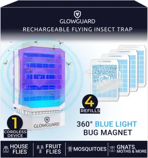 GlowGuard Cordless Flying Insect Trap Catches Fruit Flies, Indoor Gnat Killer, Magnet for Moths & Mosquitos in Dark, 1 Rechargeable Bug Trap   4 Dual-Sided Sticky Pad Refills, 30hr Battery (White)
