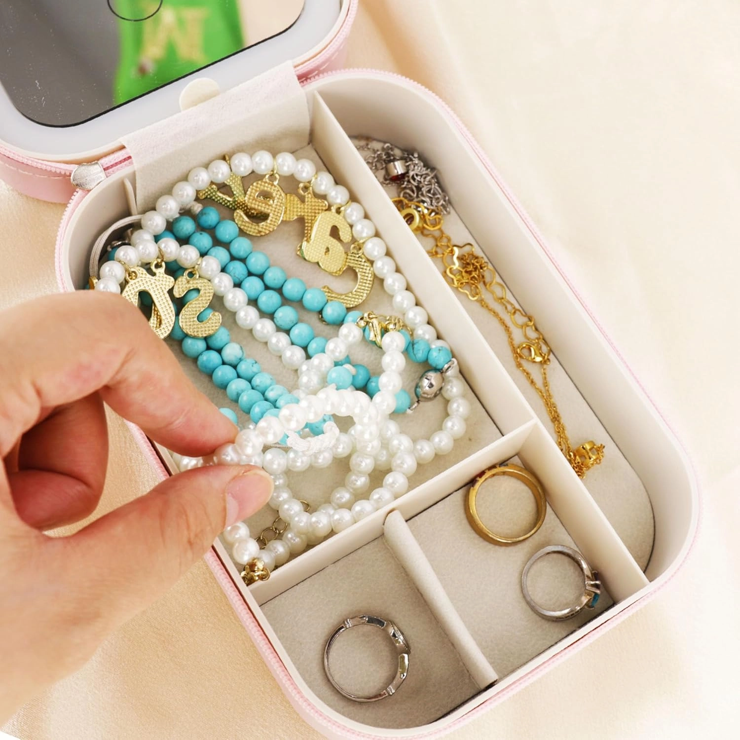 Godchoices Personalized Birth Flower Travel Jewelry Box with Mirror Custom Name Travel Makeup Case with Led Mirror Portable Makeup Box with Light Up Mirror for Women