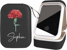 Godchoices Personalized Birth Flower Travel Jewelry Box with Mirror Custom Name Travel Makeup Case with Led Mirror Portable Makeup Box with Light Up Mirror for Women