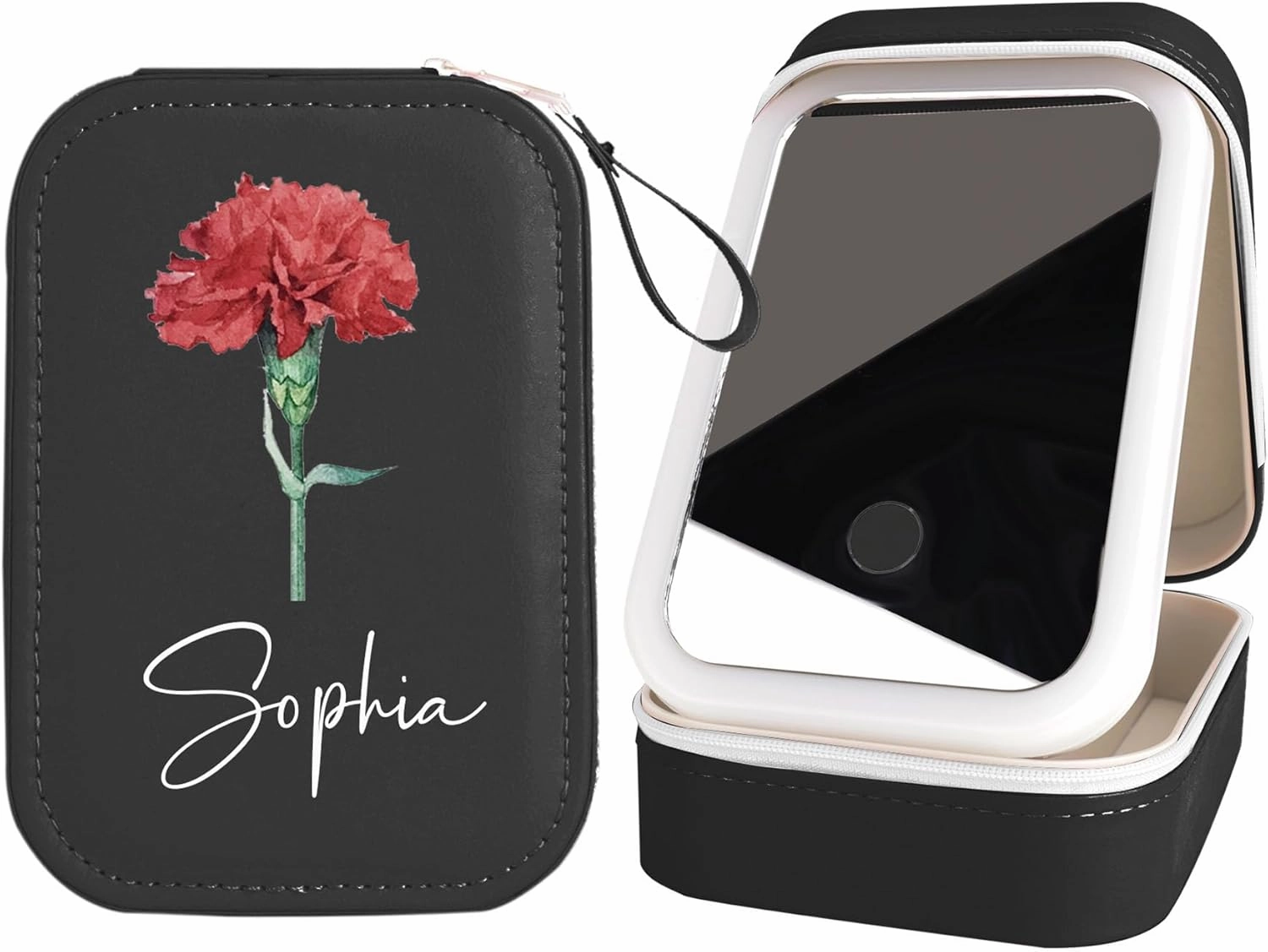 Godchoices Personalized Birth Flower Travel Jewelry Box with Mirror Custom Name Travel Makeup Case with Led Mirror Portable Makeup Box with Light Up Mirror for Women