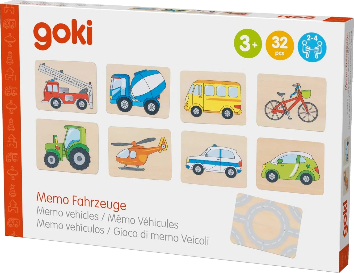 goki 56301 Memo Game Vehicles Made of Wood, Memory Games, Family Classics, Couple Finding, Promotes Memory and Visual Perception, Wooden Box for Storing, Set of 32, from 3