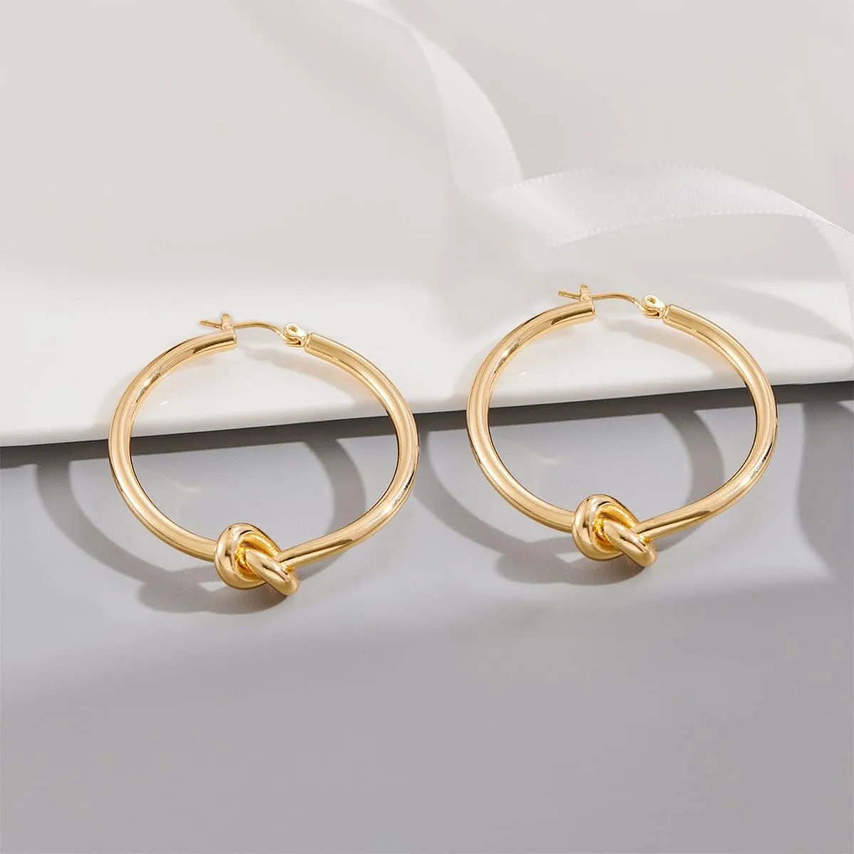 Gold Hoop Earrings for Women 18K Gold Plated Knot Hoop Earrings Statement Lightweight Thick Trendy Small Gold Open Hoops Fashion Jewelry