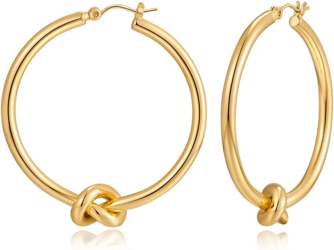 Gold Hoop Earrings for Women 18K Gold Plated Knot Hoop Earrings Statement Lightweight Thick Trendy Small Gold Open Hoops Fashion Jewelry