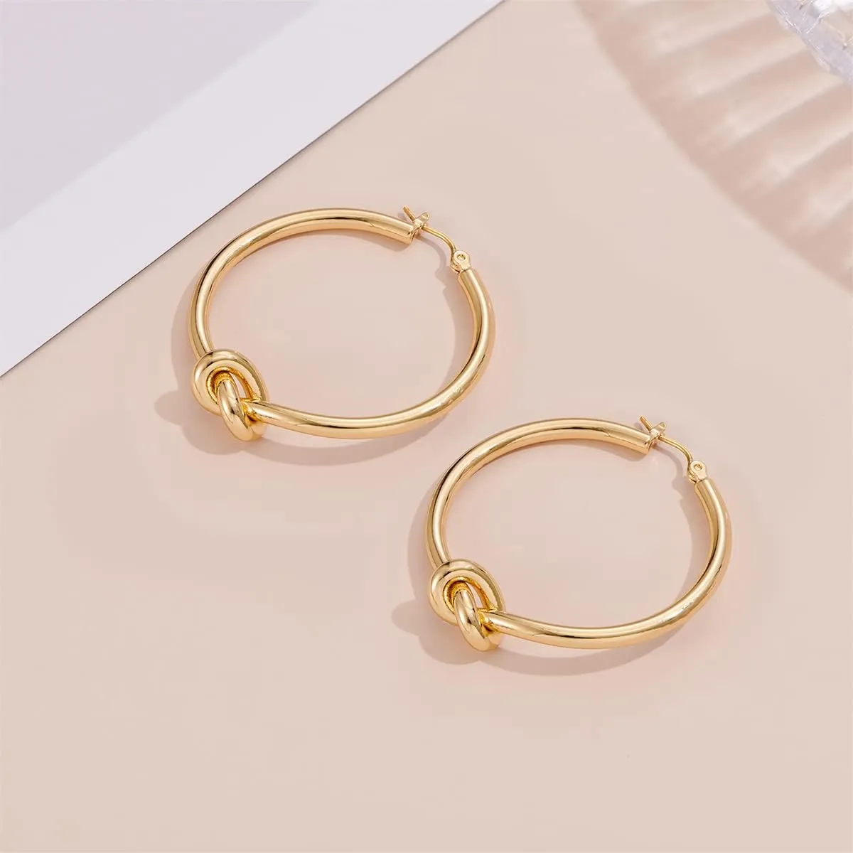 Gold Hoop Earrings for Women 18K Gold Plated Knot Hoop Earrings Statement Lightweight Thick Trendy Small Gold Open Hoops Fashion Jewelry
