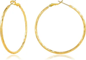Gold Hoop Earrings Thin Huggie Round Hoops Design Classic Diamond-Cut Textured Earring 50mm