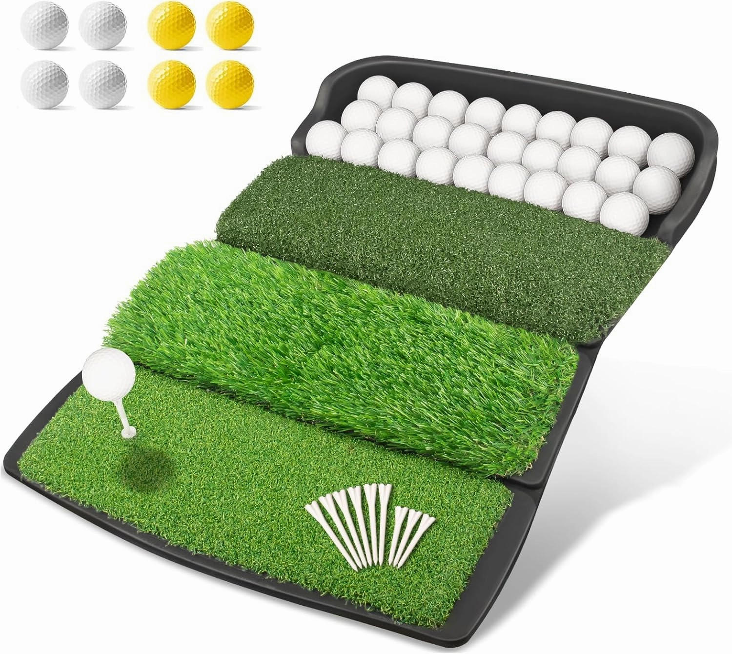 Golf Mat, Foldable 4-in-1 Practice Mat with Ball Tray, 8 Golf Balls, 9 Tees, Rubber Tee, Indoor/Outdoor Training