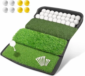 Golf Mat, Foldable 4-in-1 Practice Mat with Ball Tray, 8 Golf Balls, 9 Tees, Rubber Tee, Indoor/Outdoor Training