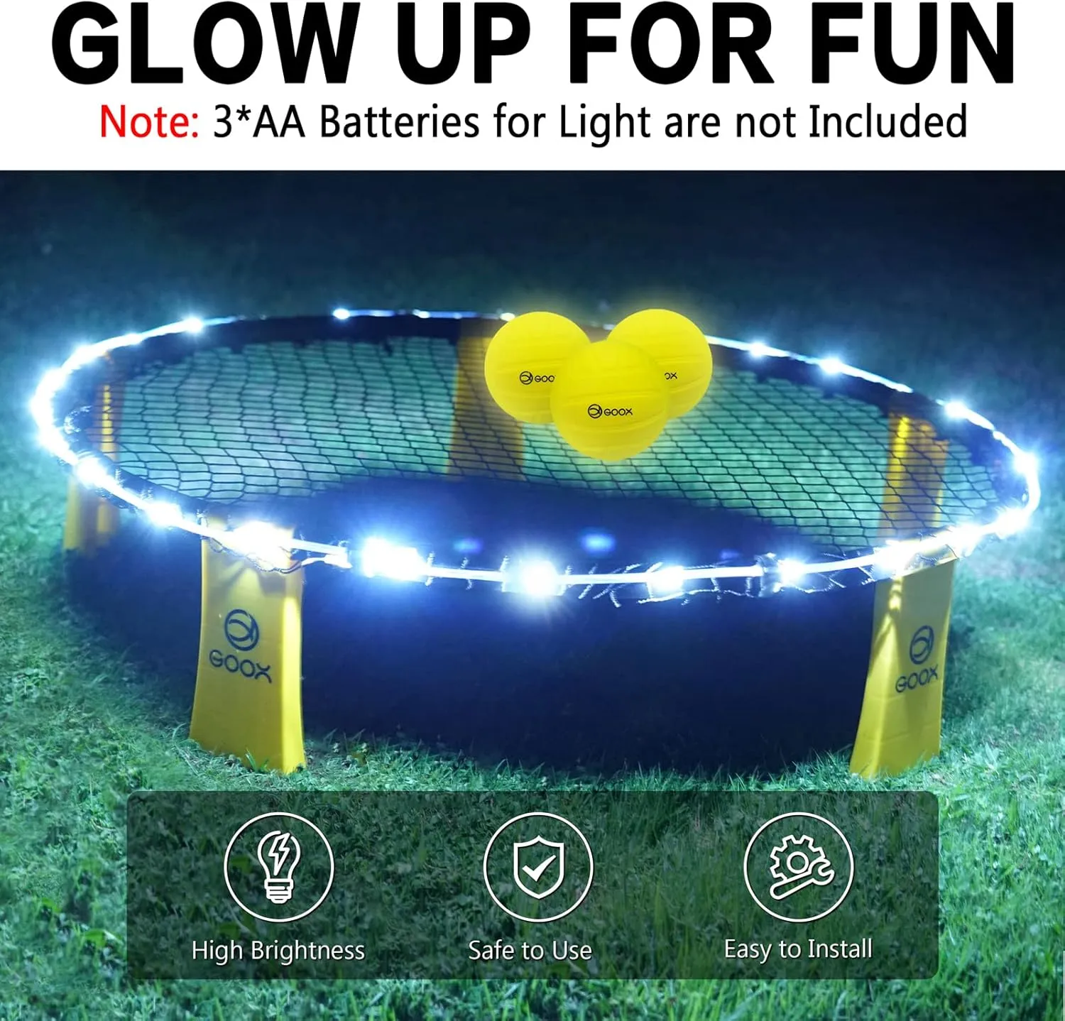 GOOX Outdoor Beach Ball Games with Carrying Bag, 3 Balls, Net and Strip Light (ONLY for Light Up Set)- Played Outdoors, Indoors, Beach, Lawn, Yard and Park