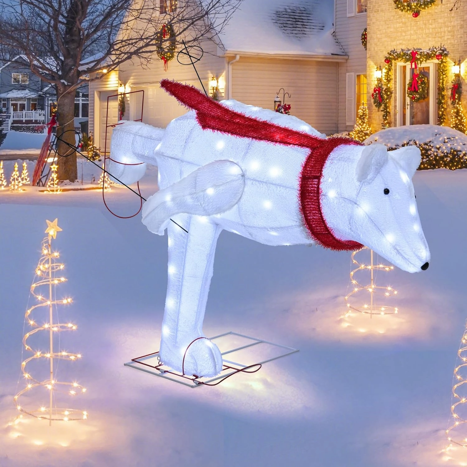 Goplus 4.5 FT Lighted Skiing Polar Bear, Light up Christmas Decoration with Red Scarf, Ski Poles & Snow Shoes, 3D Pre-Lit Polar Bear with LED Lights, Zip Ties & Ground Stakes for Garden & Yard