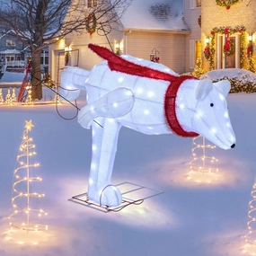 Goplus 4.5 FT Lighted Skiing Polar Bear, Light up Christmas Decoration with Red Scarf, Ski Poles & Snow Shoes, 3D Pre-Lit Polar Bear with LED Lights, Zip Ties & Ground Stakes for Garden & Yard