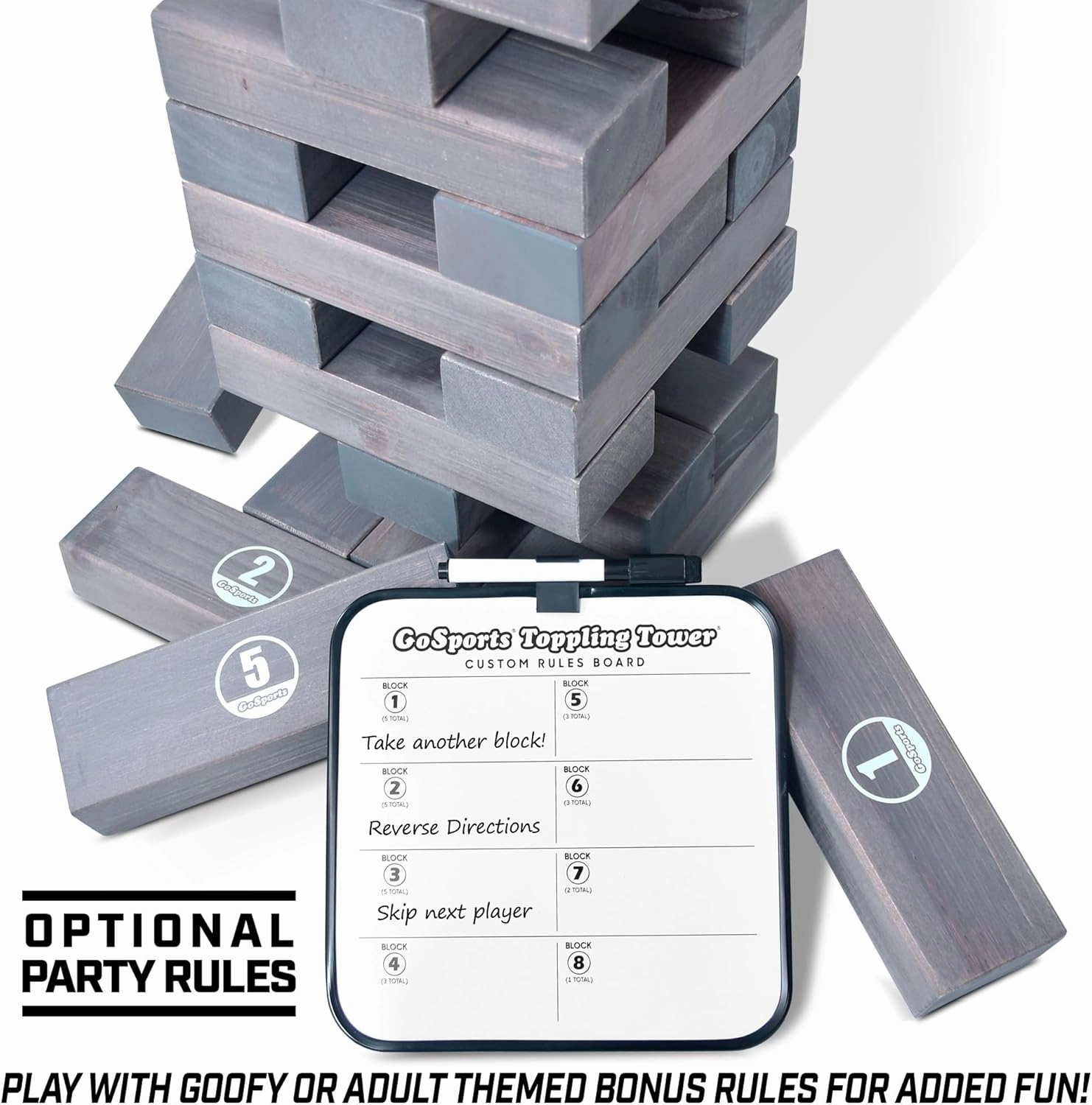 GoSports Giant Wooden Stacking Game - Stacks Up to 5 ft - Choose Brown Wood Stain, Gray, Natural, Stars & Stripes, or Tropical Hardwood - Toppling Tower