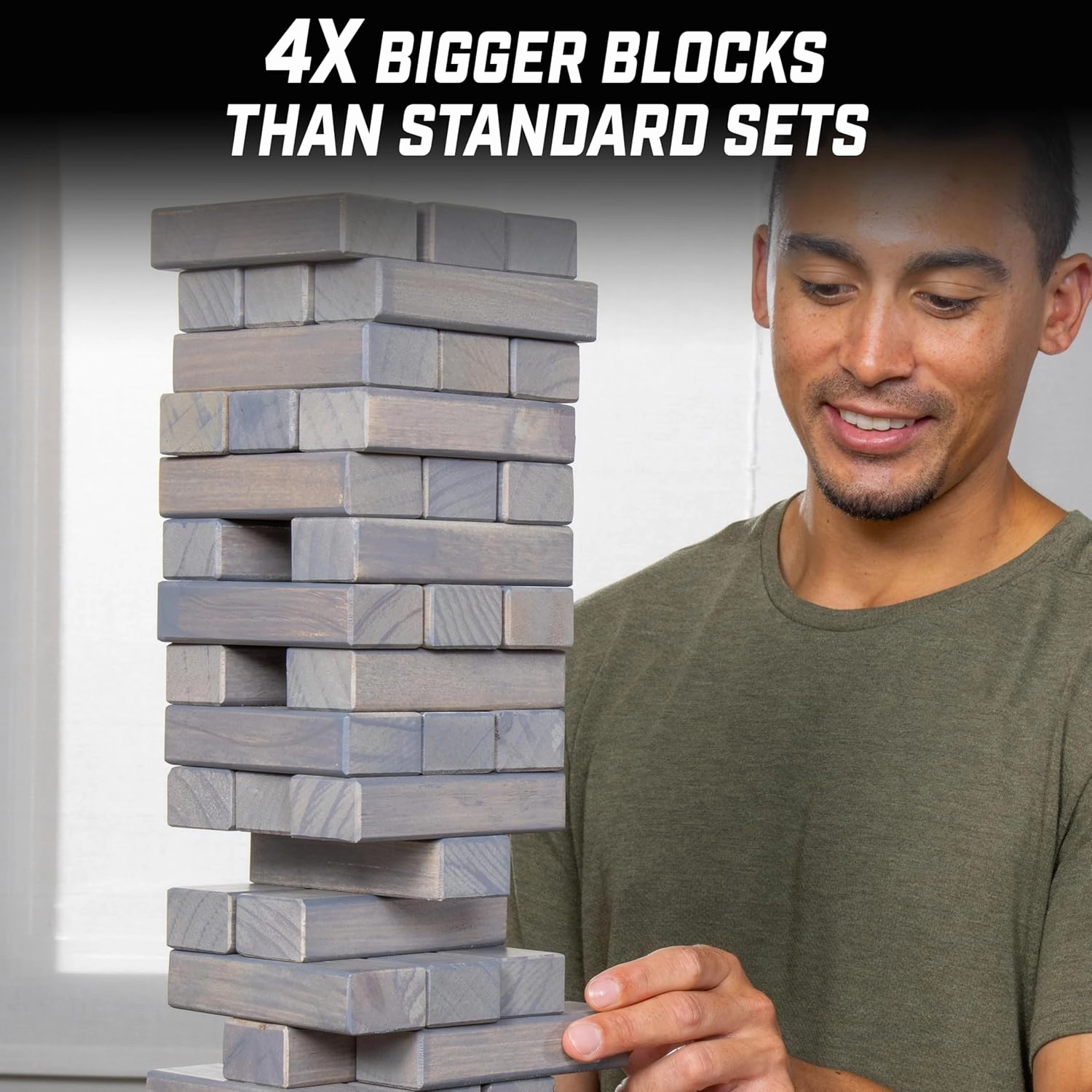 GoSports Large Wooden Stacking Game - Stacks Up to 3 ft - Choose Brown Wood Stain, Gray, or Natural - Toppling Tower